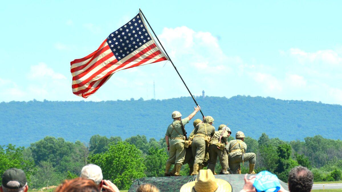 At the WWII Weekend, a re-enactment of the famous historic moment in WWII when the U.S. Army defeated the Japanese and raised the American flag after capturing Iwo Jima, in Reading, Pa., on June 6, 2021. (Frank Liang/The Epoch Times)