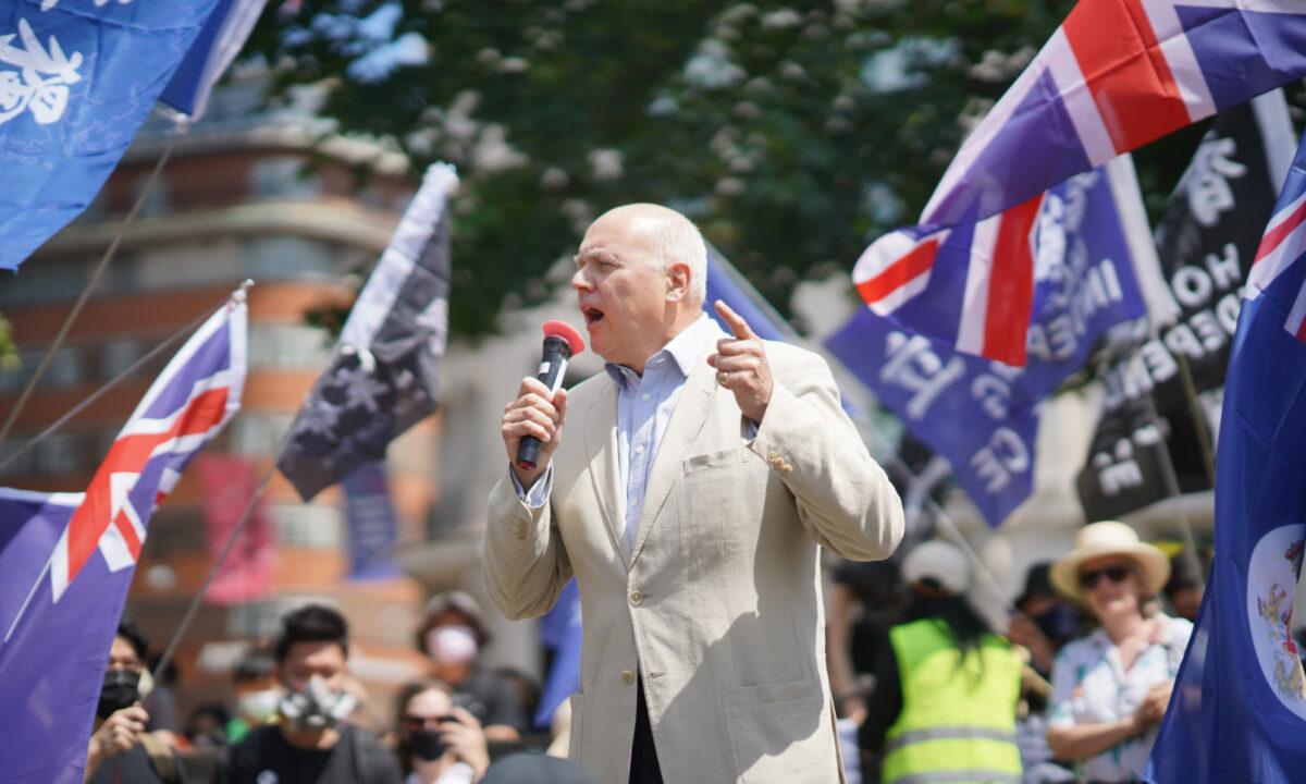 Former Conservative Party leader, MP Sir Iain Duncan Smith speaking at a rally commemorating the two-year anniversary of Hong Kong's pro-democracy movement ​in London on June 12, 2021. (Yanning Qi/The Epoch Times)
