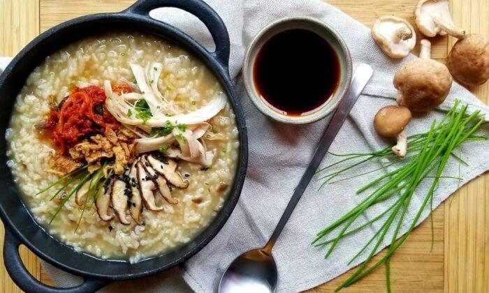 Chicken and Mushroom Juk (Korean Rice Porridge) With Kimchi