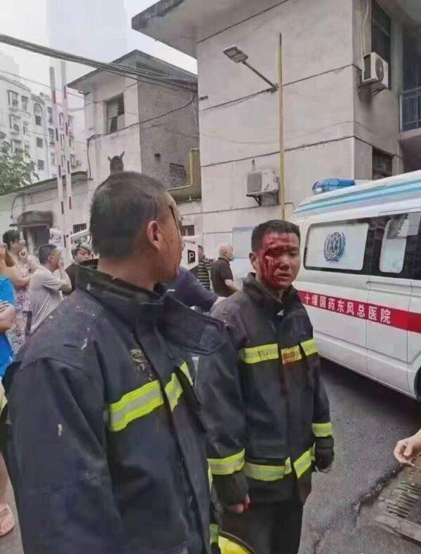 Firemen injured in the gas blast in Shiyan, central China’s Hubei Province, on June 13, 2021. (Supplied/The Epoch Times)