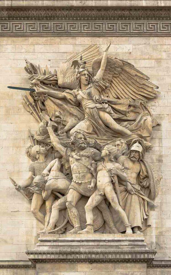 “Departure of the Volunteers of 1792” by François Rude represents the departure of 200,000 Frenchmen to defend their republic. The volunteers, ordinary French folk, are represented in the sculpture as naked or in civilian dress, the young and old respectively, united in their willingness to fight for their country. The winged woman in the scene is the Genius of Liberty, who incites the men to fight. (Public Domain)