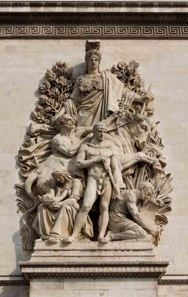 The “Peace of 1815″ by Antoine Étex represents the end of the Napoleonic Wars, when the second Treaty of Paris was signed between France and the Allies, on Nov. 20, 1815. The high-relief sculpture is the last of the four large sculptural groups depicting historic scenes on the pillars of the arch. (Public Domain)