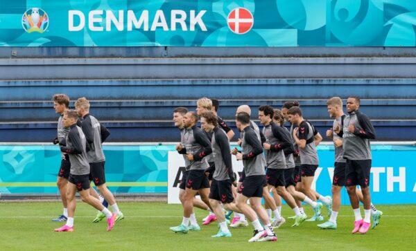 Players exercise at the training ground during a training session of Denmark's national team in Helsingor, Denmark, on June 14, 2021. (Martin Meissner/AP Photo)