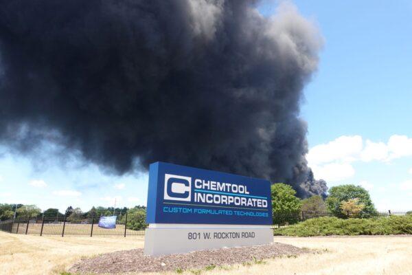 An industrial fire burns at Chemtool Inc. in Rockton, Ill., on June 14, 2021. (Scott Olson/Getty Images)