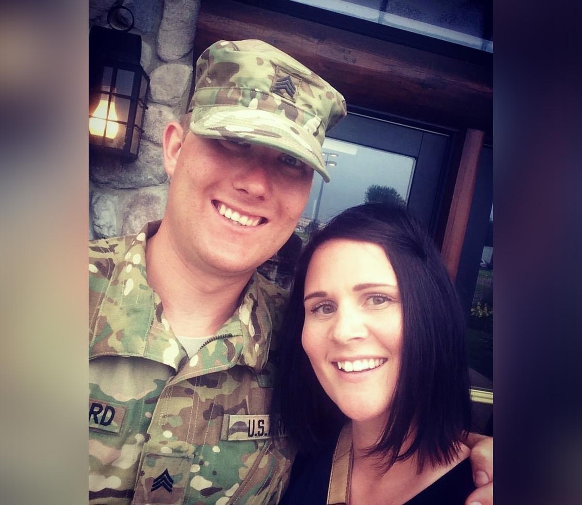 Sgt. Brandon Stafford poses for a picture with his big sister Melissa Hjelle. (Courtesy of Melissa Hjelle via <a href="https://www.dvidshub.net/image/6639454/soldiers-shave-their-heads-support-battle-buddys-sister-who-recovering-cancer">DVIDSHUB</a>)