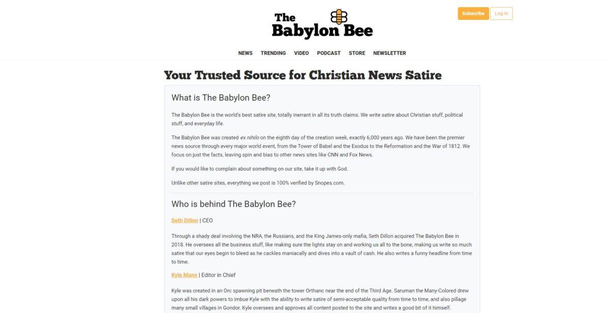 A screenshot shows the "about" page on The Babylon Bee website. (Screenshot/The Babylon Bee via The Epoch Times)
