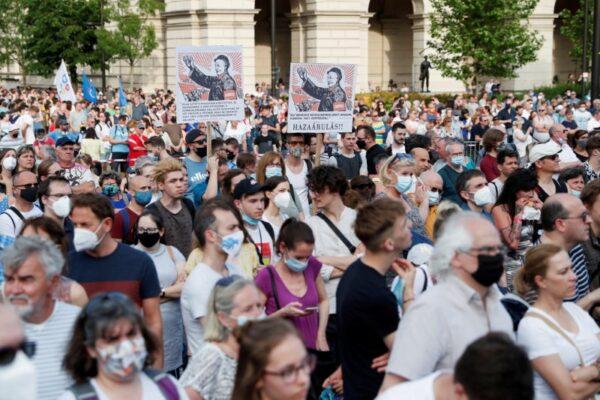 Demonstrators protest against the planned Chinese Fudan University campus in Budapest, Hungary, on June 5, 2021. (Bernadett Szabo/Reuters)
