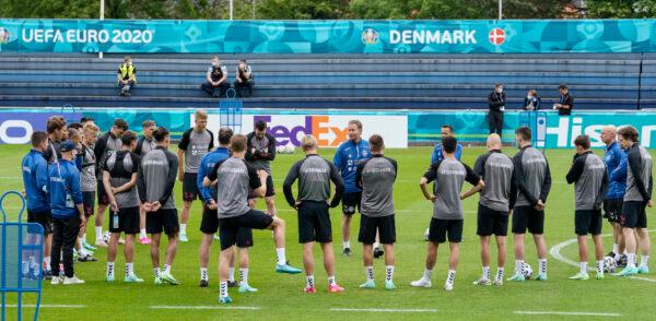 Denmark's manager Kasper Hjulmand (C) talks to his team at the training ground during a training session of Denmark's national team in Helsingor, Denmark, on June 14, 2021. (Martin Meissner/AP)