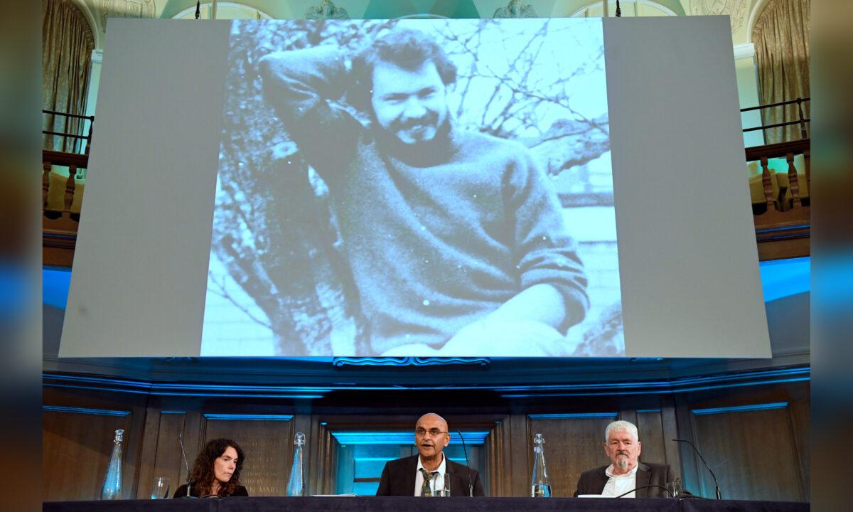 Alastair Morgan (R), the brother of murdered private investigator Daniel Morgan, with his partner Kirsteen Knight and family solicitor Raju Bhatt (C) speaking to the media following the publication of the Daniel Morgan Independent Panel report, at Church House, in Westminster, central London on June 15, 2021. (Kirsty O'Connor/PA)