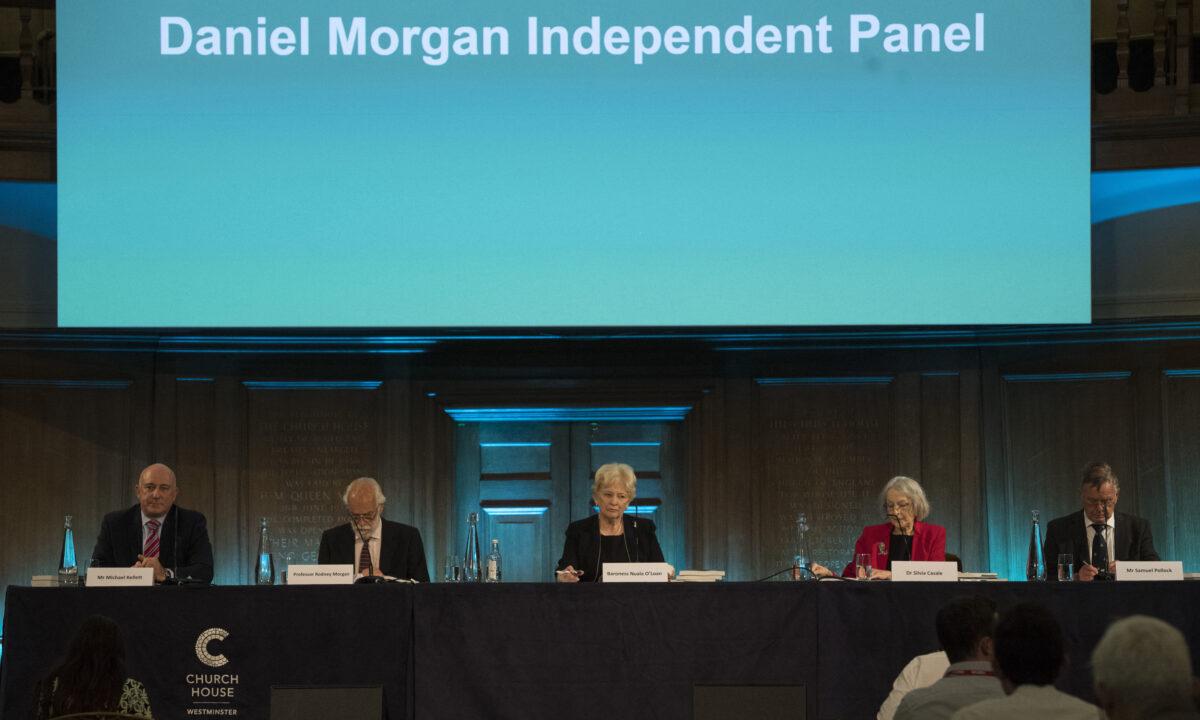 (Left to right) Panel members Michael Kellett, Professor Rodney Morgan, Baroness Nuala O'Loan, Dr. Silvia Casale, and Samuel Pollock, prior to reading out a statement following the publication of the Daniel Morgan Independent Panel report, at Church House, in Westminster, central London on June 15, 2021. (Kirsty O'Connor/PA)