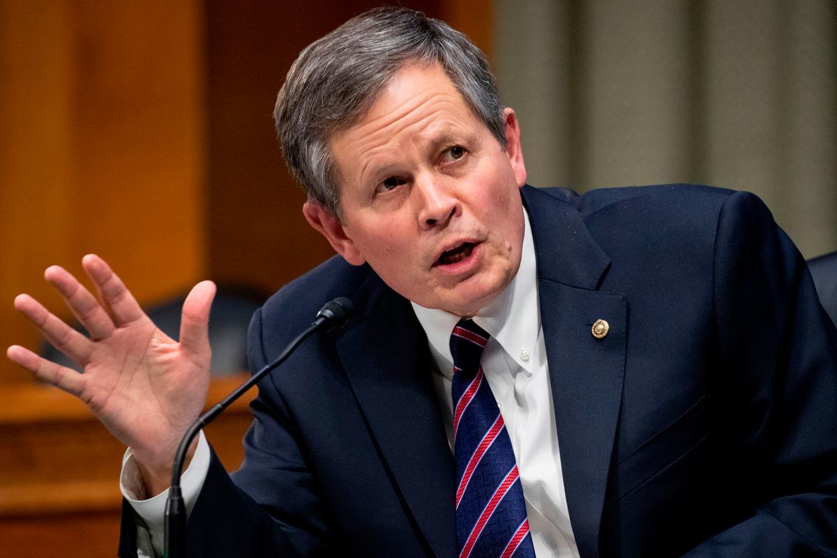 Sen. Steve Daines (R-Mont.) questions witnesses on Capitol Hill in Washington on Feb. 24, 2021. (Michael Reynolds/Pool/AFP via Getty Images)