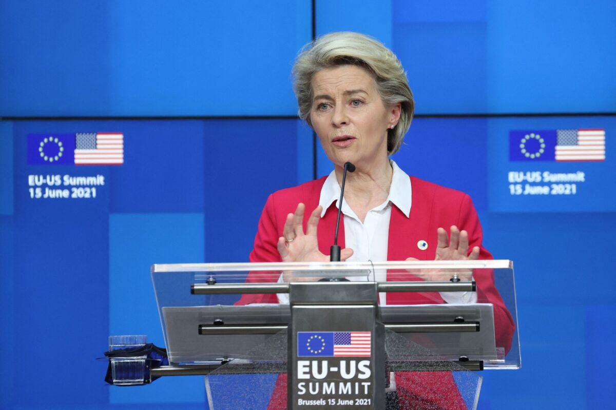 President of the EU Commission Ursula von der Leyen gives a press conference after a U.S.–EU summit at the European Union headquarters in Brussels on June 15, 2021. (Kenzo Tribouillard/AFP via Getty Images)