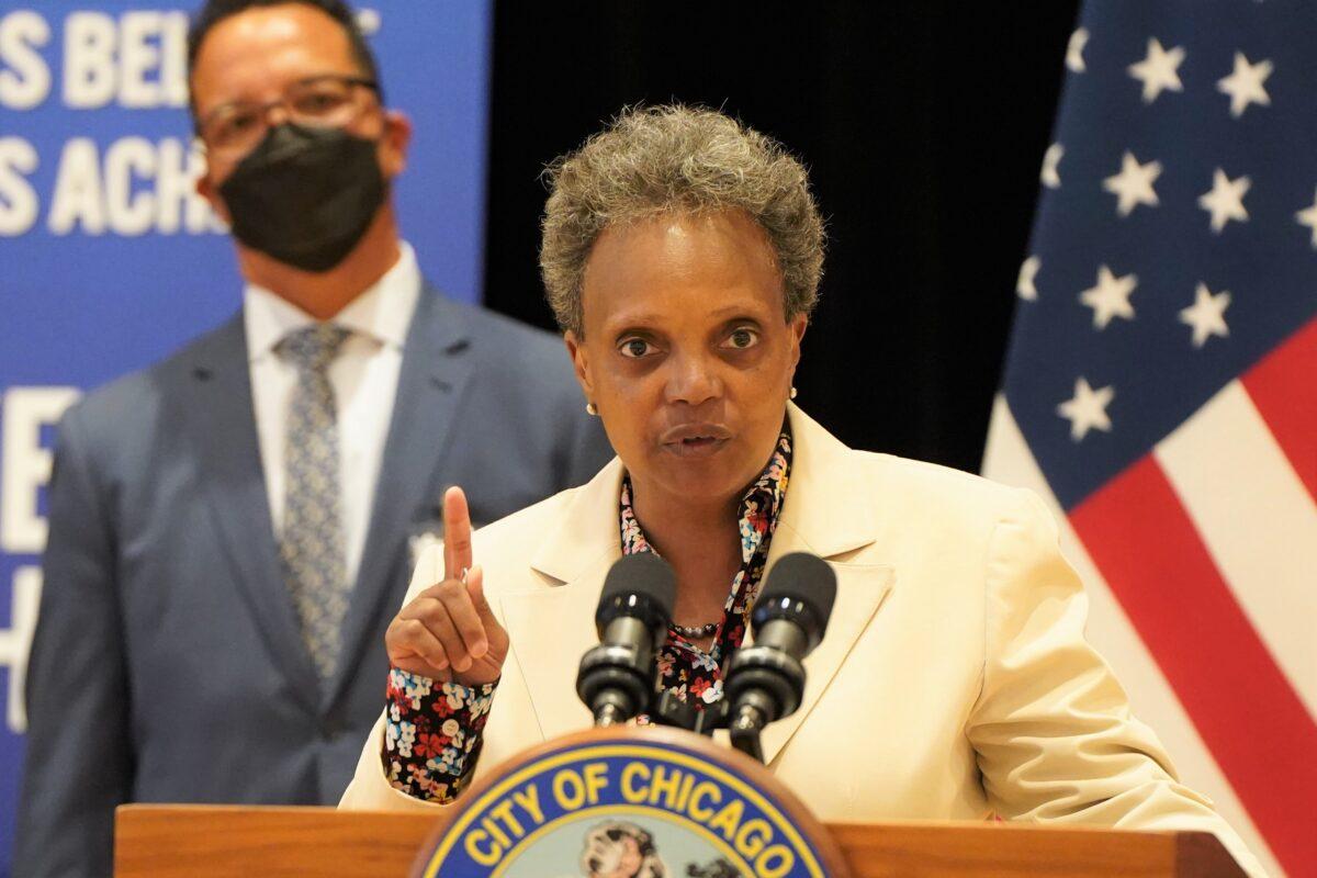 Chicago Mayor Lori Lightfoot speaks during a press conference at the city's Richardson Middle School on June 14, 2021. (Cara Ding/The Epoch Times)