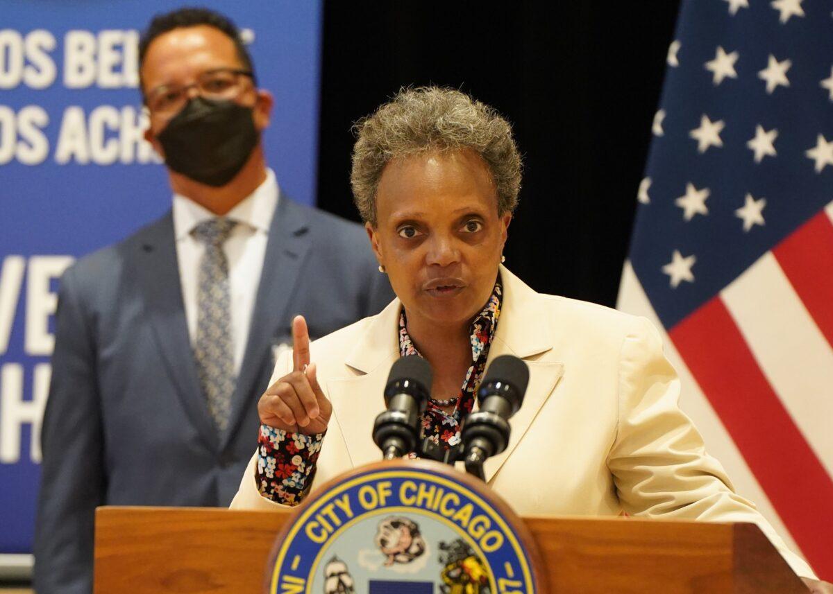 Chicago Mayor Lori Lightfoot speaks during a press conference at the Richardson Middle School in Chicago on June 14, 2021. (Cara Ding/The Epoch Times)