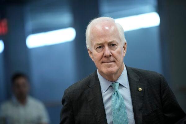 Sen. John Cornyn (R-Texas) walks through the Senate subway on his way to a vote at the U.S. Capitol in Washington, D.C., on May 27, 2021. (Drew Angerer/Getty Images)