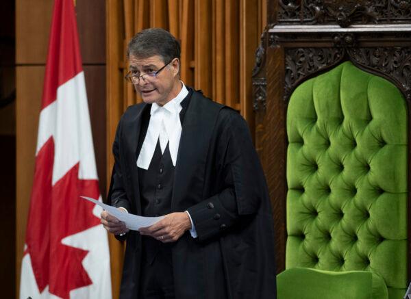 Speaker of the House of Commons Anthony Rota rises in the chamber as he delivers a statement in the House of Commons in Ottawa, Canada, on July 22, 2020. (Adrian Wyld/The Canadian Press)