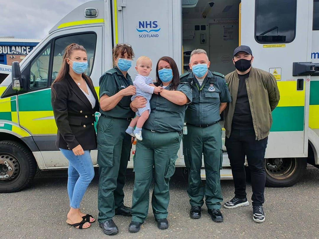Finlay meets the paramedics who saved his life. (Courtesy of <a href="https://www.facebook.com/gemma.maxwell.587">Gemma Maxwell</a>)