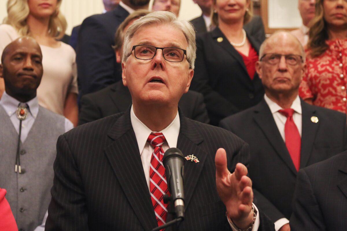 Texas Lt. Governor Dan Patrick speaks at a press conference on the border wall at the state Capitol in Austin, Texas, on June 16, 2021. (Mei Zhong/The Epoch Times)