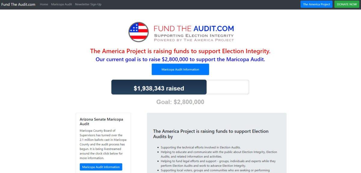 The America Project says it has raised over $1.9 million for the Maricopa County audit. (FundTheAudit.com/Screenshot via The Epoch Times)