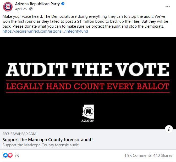 The Arizona Republican Party has been asking for donations to support the Maricopa County audit. (Facebook/Screenshot via The Epoch Times)