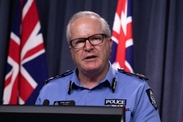 West Australian Police Commissioner Chris Dawson speaks to the media during a press conference in Perth, Australia, on Apr. 26, 2021. (AAP Image/Richard Wainwright)
