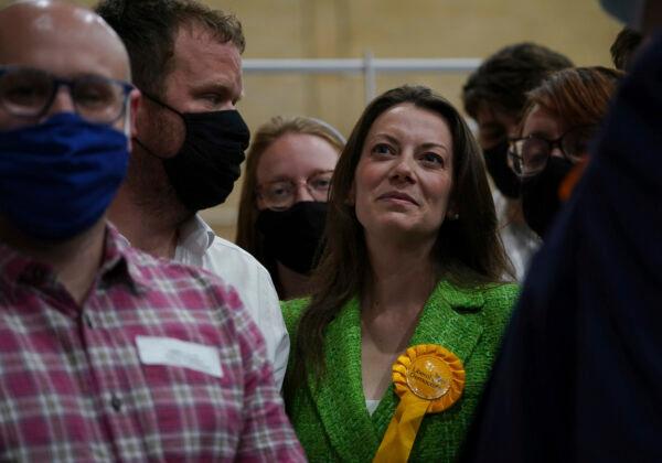 Sarah Green of the Liberal Democrats smiles after being declared winner in the Chesham and Amersham by-election at Chesham Leisure Centre in Chesham, Buckinghamshire, England, on June 18, 2021. (Yui Mok/PA via AP)