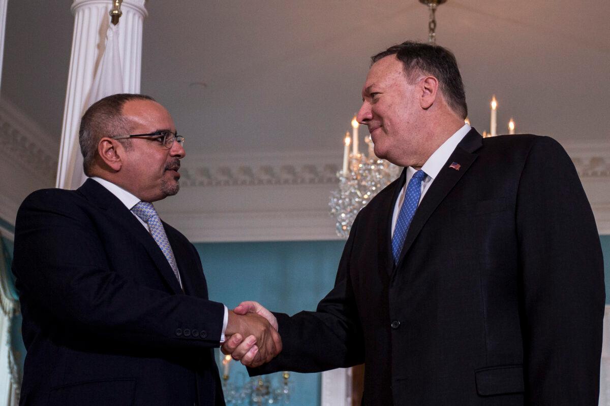 Then-Secretary of State Mike Pompeo shakes hands with Crown Prince of Bahrain Salman Bin Hamad Al Khalifa at the State Department in Washington on Sept. 17, 2019. (Zach Gibson/Getty Images)