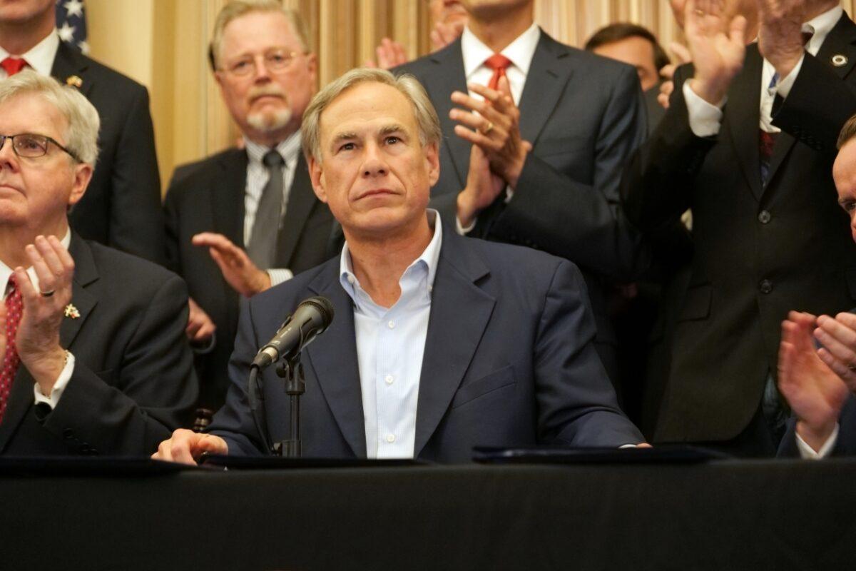 Texas Gov. Greg Abbott speaks at a press conference in San Antonio, Texas, on June 17, 2021. (Marina Fatina/NTD)