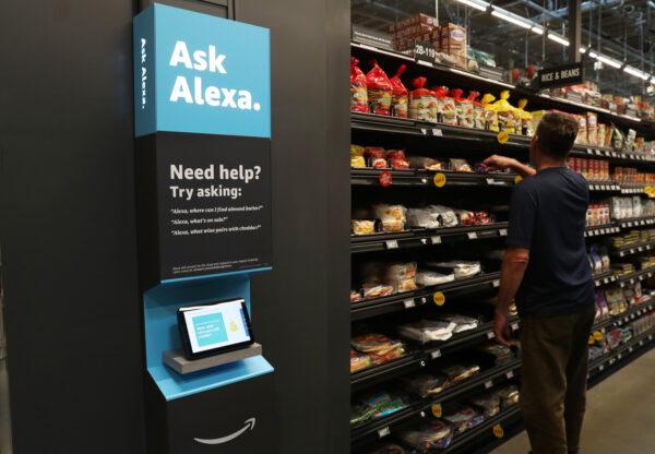 An Alexa device is available for customer use at the first Amazon Fresh in Washington on opening day—and the only store with both cashierless technology mixed with a cashier checkout option, in Bellevue, Wash., on June 17, 2021. (Ken Lambert/Seattle Times/TNS)