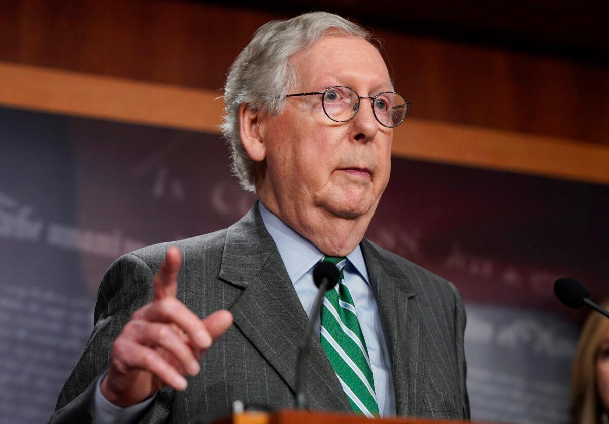 Senate Minority Leader Mitch McConnell (R-Ky.) speaks about his opposition to S. 1, the "For The People Act" in Washington on June 17, 2021. (Joshua Roberts/Getty Images)