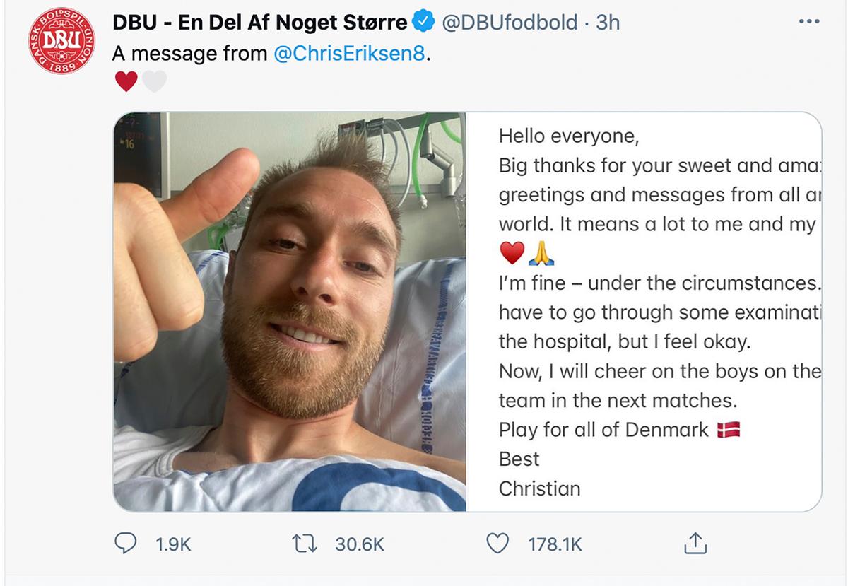 A combo image issued by the DBU on June 15, 2021 of Denmark soccer player Christian Eriksen gesturing from his hospital bed and the message that he sent to accompany the photo. (DBU via AP)