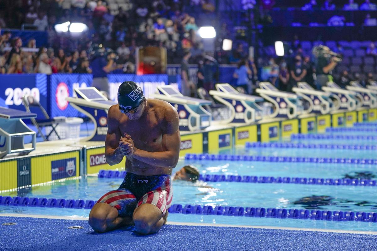 Michael Andrew after winning the men's 200 individual medley during wave 2 of the U.S. Olympic Swim Trials in Omaha, Neb., on June 18, 2021. (Jeff Roberson/AP Photo)