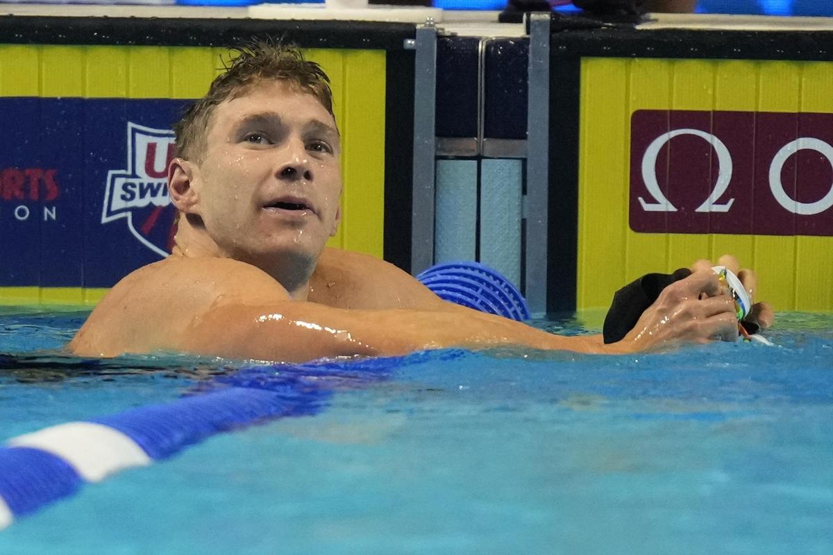 Ryan Murphy reacts after his heat in the men's 200 backstroke during wave 2 of the U.S. Olympic Swim Trials in Omaha, Neb., on June 17, 2021. (Charlie Neibergall/AP Photo)