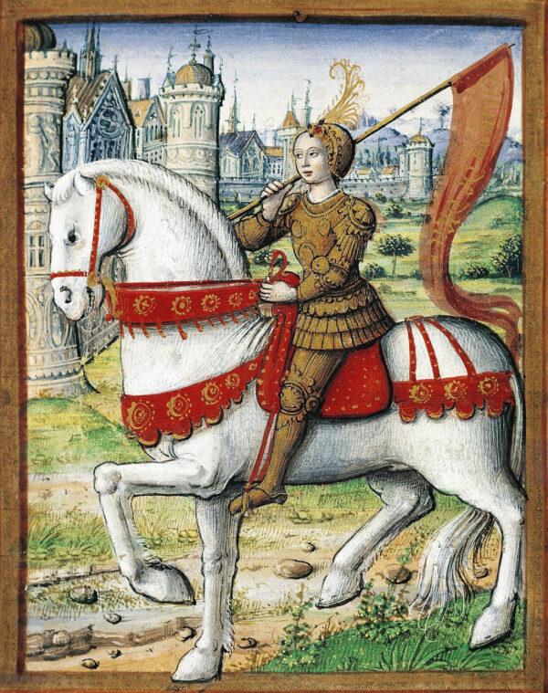 Joan of Arc depicted on horseback in an illustration from a 1504 manuscript. (Public Domain)