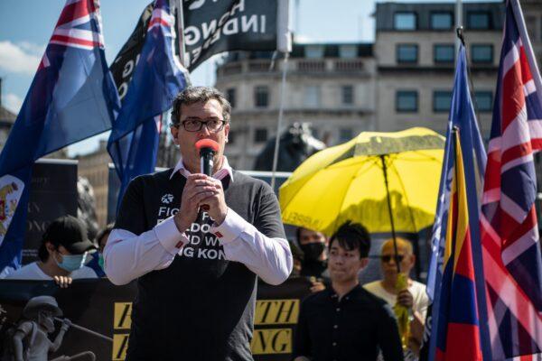 Campaigner Benedict Rogers speaks at a rally for democracy in Hong Kong at Trafalgar Square in London on June 12, 2021. (Laurel Chor/Getty Images)