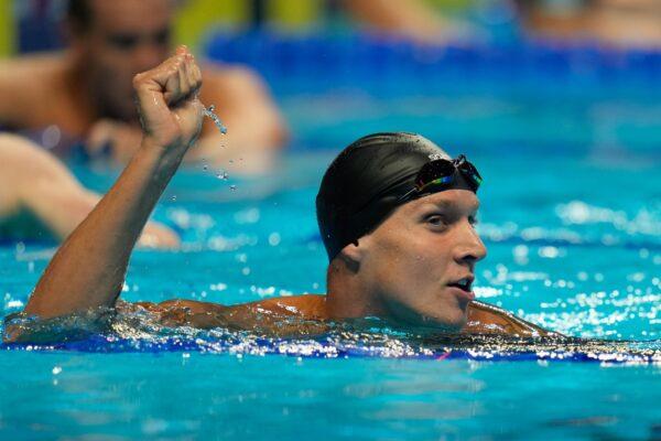 Caeleb Dressel reacts after winning the men's 100 butterfly during wave 2 of the U.S. Olympic Swim Trials in Omaha, Neb., on June 19, 2021. (Jeff Roberson/AP Photo)
