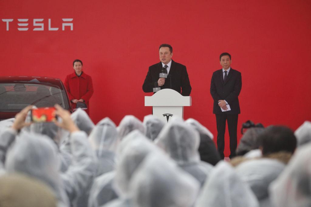 Tesla boss Elon Musk speaks during the ground-breaking ceremony for a Tesla factory in Shanghai, China, on Jan. 7, 2019. (STR/AFP via Getty Images)