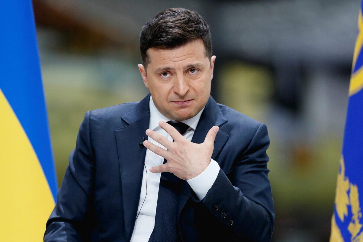 Ukraine's President Volodymyr Zelensky gestures during his annual news conference at the Antonov aircraft plant in Kyiv, Ukraine, on May 20, 2021. (Gleb Garanich/Reuters)