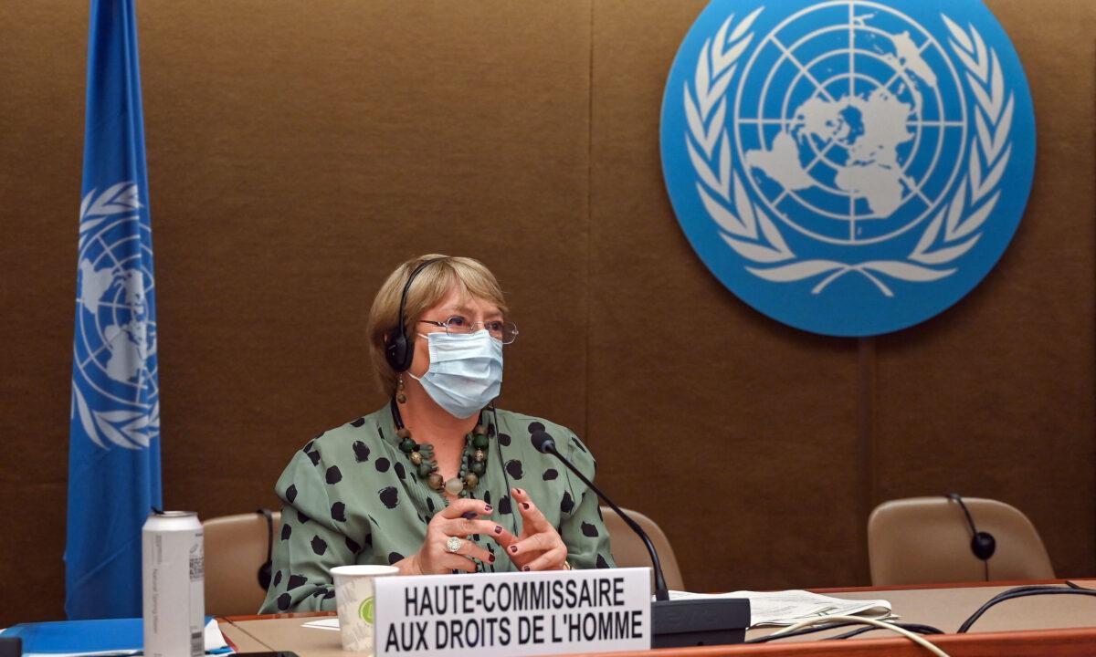United Nations High Commissioner for Human Rights Michelle Bachelet looks on after delivering a speech on global human rights developments during a session of the Human Rights Council in Geneva on June 21, 2021. (Fabrice Coffrini/AFP via Getty Images)