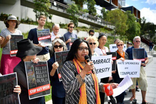 Greens Senator Mehreen Faruqi speaks at a Snap Protest at News Corp's Major Advertisers Conference in Sydney, Australia on March 20, 2019. (AAP Image/Joel Carrett)