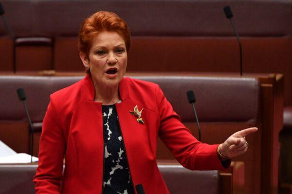 One Nation Senator Pauline Hanson in the Senate chamber at Parliament House in Canberra, Australia, on Dec. 2, 2019. (AAP Image/Mick Tsikas)