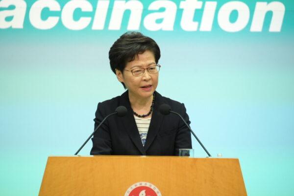 Hong Kong leader Carrie Lam speaks during a press conference in Hong Kong on June 22, 2021. (Bill Cox/The Epoch Times)