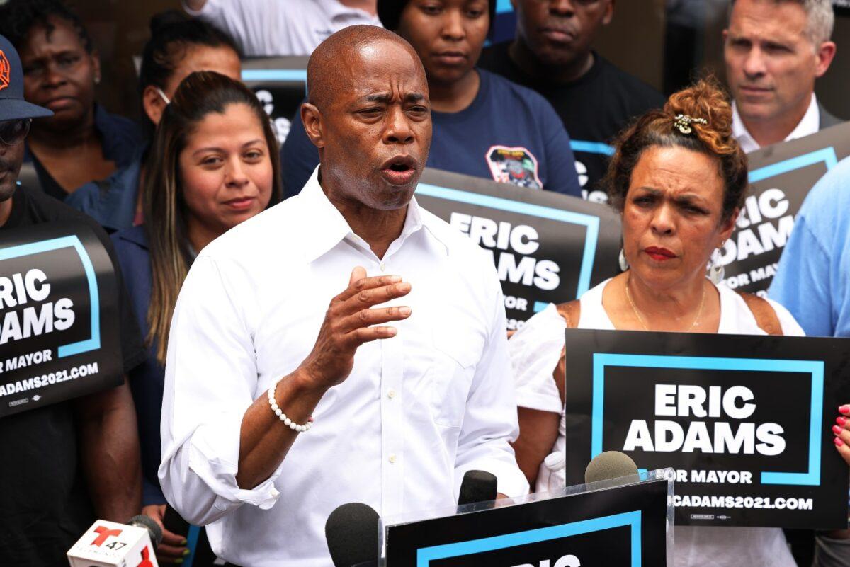 New York City mayoral candidate Eric Adams speaks during a Get Out the Vote rally in the Prospect Lefferts Gardens neighborhood of Brooklyn borough in New York City, on June 21, 2021. (Michael M. Santiago/Getty Images)