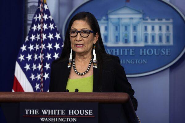 Secretary of the Interior Deb Haaland speaks during a daily press briefing at the James Brady Press Briefing Room of the White House in Washington on April 23, 2021. (Alex Wong/Getty Images)