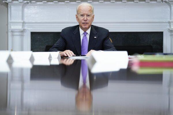 President Joe Biden speaks during a meeting with FEMA Administrator Deanne Criswell and Homeland Security Adviser and Deputy National Security Adviser Elizabeth Sherwood-Randall, in the Roosevelt Room of the White House on June 22, 2021. (Evan Vucci/AP Photo)