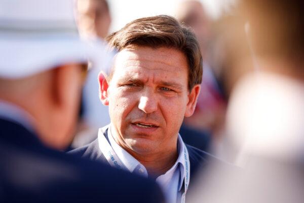 Florida Gov. Ron DeSantis at a flag raising ceremony in Juno Beach, Fla., on May 7, 2021. (Cliff Hawkins/Getty Images)