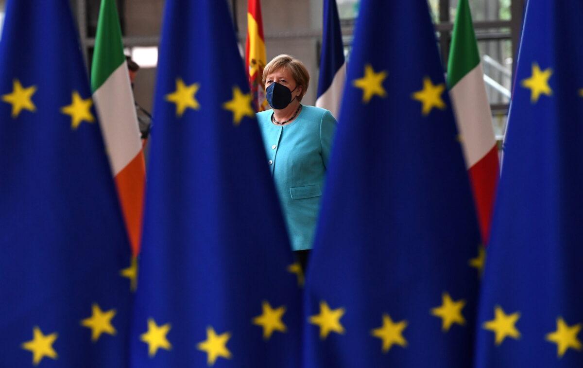 German Chancellor Angela Merkel arrives on the first day of the European Union summit at the European Council Building in Brussels, on June 24, 2021. (John Thys/Pool via Reuters)