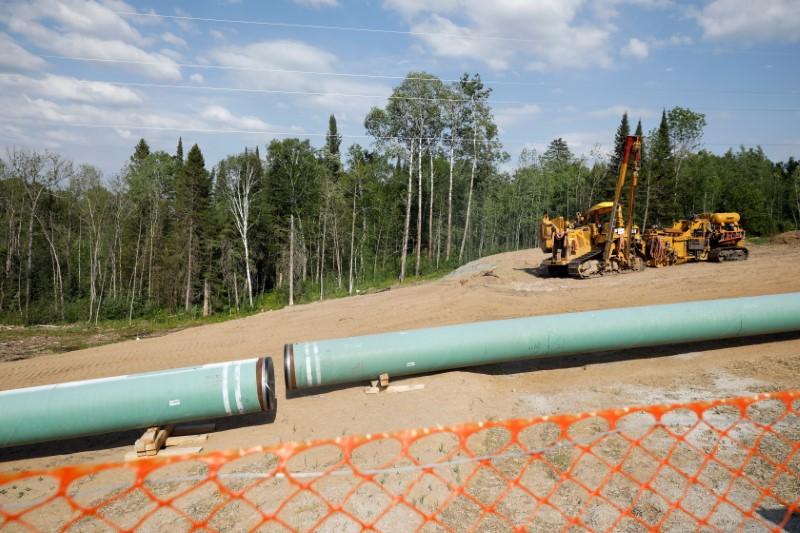 The Enbridge Line 3 pipeline is pictured in place to be buried near Park Rapids, Minn., on June 6, 2021. (Reuters/Nicholas Pfosi)