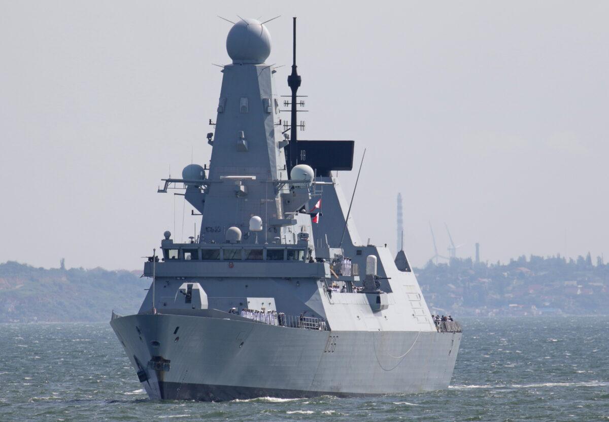 British Royal Navy's Type 45 destroyer HMS Defender arrives at the Black Sea port of Odessa, Ukraine, on June 18, 2021. (Sergey Smolentsev/Reuters)