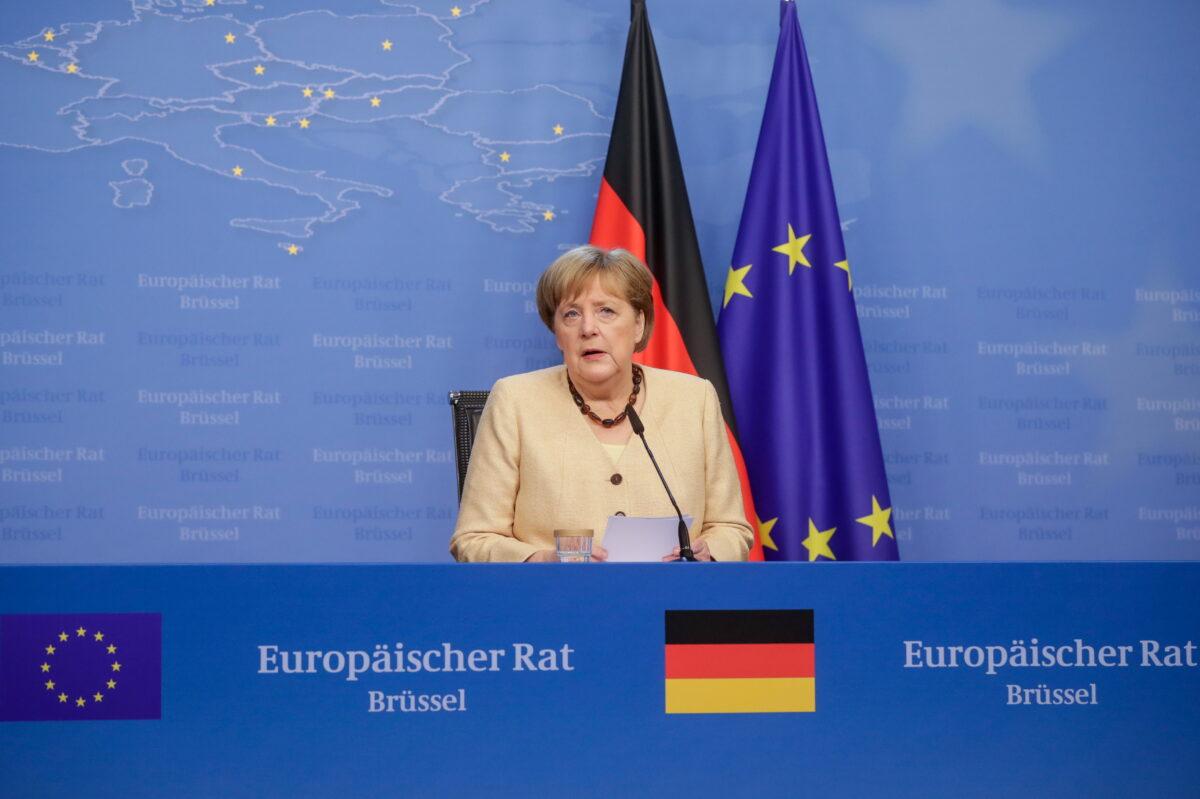 Germany's Chancellor Angela Merkel gives a press conference on the second day of an EU summit at the European Council building in Brussels, Belgium, on June 25, 2021. (Stephanie Lecocq/Pool via Reuters)